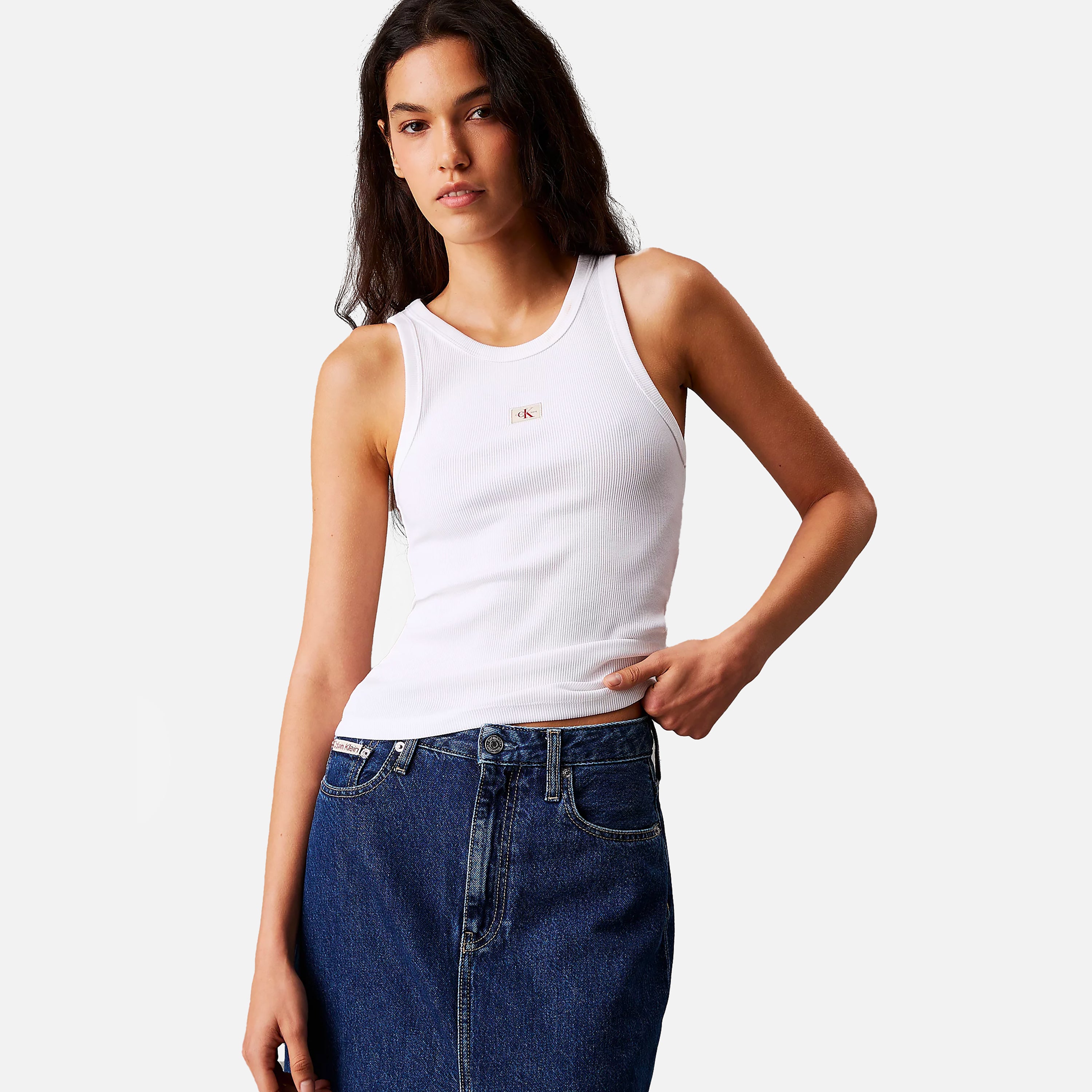 CALVIN JEANS TOP WOVEN LABEL RIB TANK